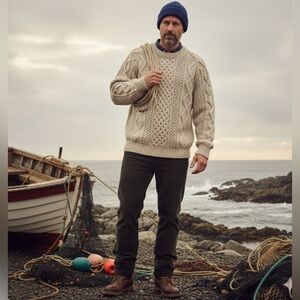 Crana Handknits 100% Pure New Wool Fisherman Cable Knit Crew Neck Sweater SZ L